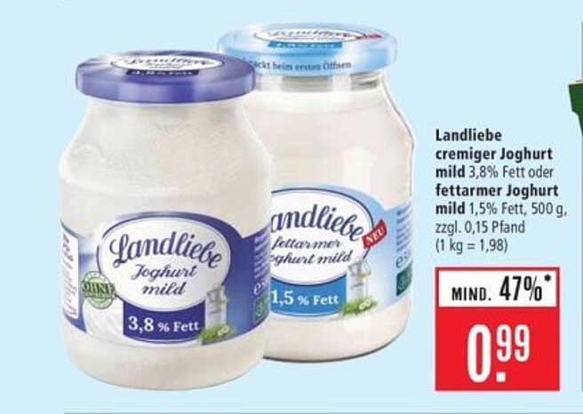 Landliebe cremiger Joghurt mild 3,8% Fett oder fettarmer Joghurt mild 1,5% Fett, 500 g
