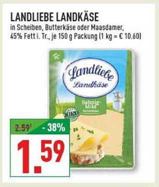 LANDLIEBE LANDKÄSE in Scheiben, Butterkäse oder Maasdammer, 45% Fett i. Tr., je 150 g Packung