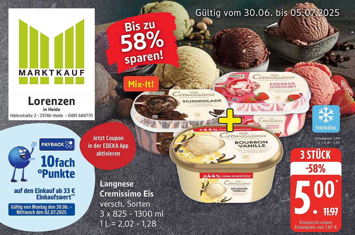 Langnese Cremissimo Eis, verschiedene Sorten, 3 x 825 ml
