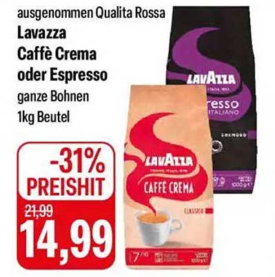 Lavazza Caffè Crema oder Espresso ganze Bohnen 1kg Beutel