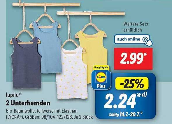 lupilu® 2 Unterhemden - Bio-Baumwolle, teilweise mit Elasthan (LYCRA®)