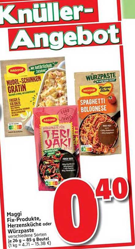 Maggi Fix-Produkte, Herzensküche oder Würzpaste 26 g – 85 g Beutel für 0,40 €