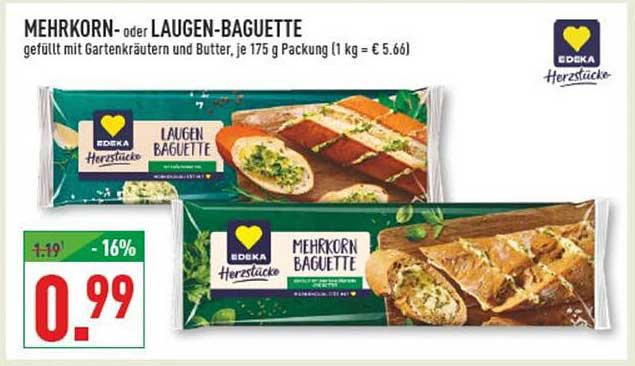 MEHRKORN- oder LAUGEN-BAGUETTE, gefüllt mit Gartenkräutern und Butter