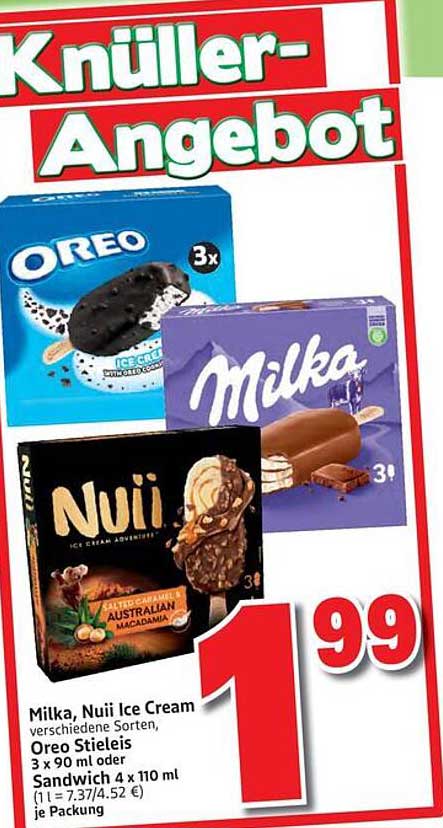 Milka, Nuii Ice Cream verschiedene Sorten, Oreo Stieleis