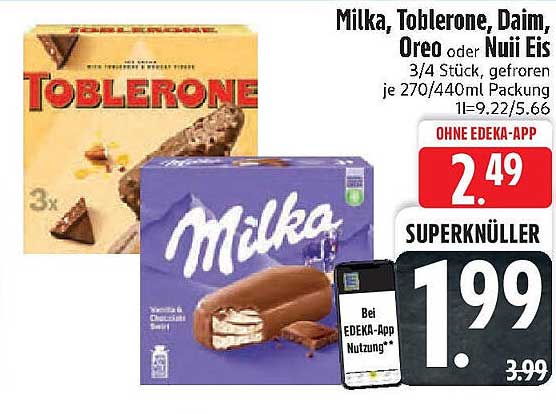 Milka, Toblerone, Daim, Oreo oder Nuuí Eis 3/4 Stück, gefroren