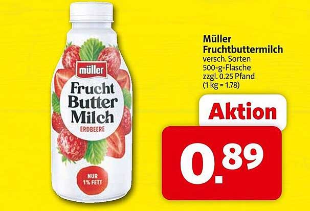 Müller Fruchtbuttermilch 500-g-Flasche, verschiedene Sorten