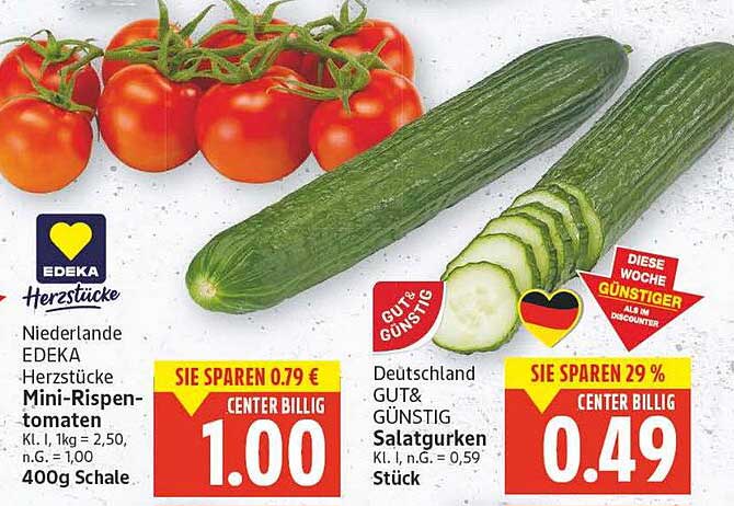 Niederlande EDEKA Herzstücke Mini-Rispentomaten 400g und Deutschland GUT&GÜNSTIG Salatgurken Stück