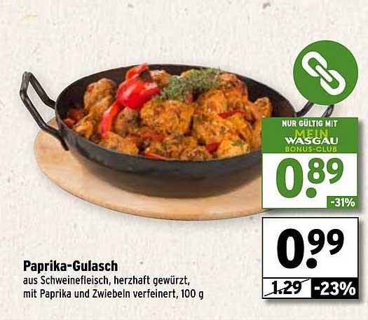 Paprika-Gulasch aus Schweinefleisch, herzhaft gewürzt, mit Paprika und Zwiebeln verfeinert, 100 g