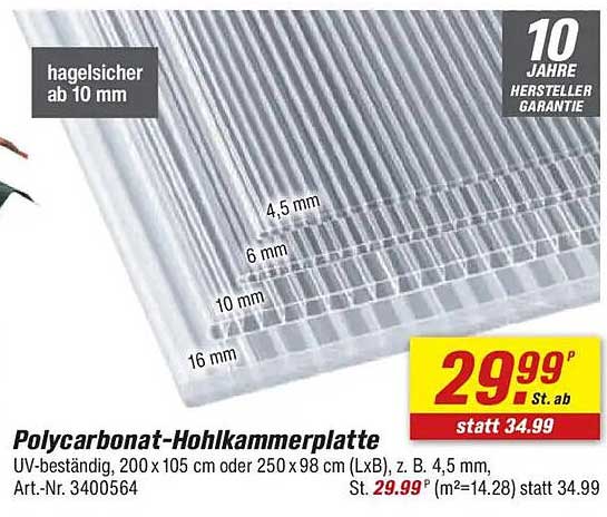 Polycarbonat-Hohlkammerplatte UV-beständig 200 x 105 cm oder 250 x 98 cm