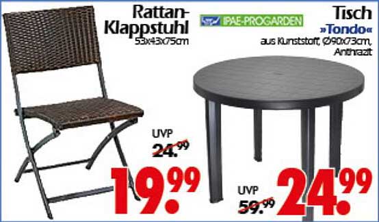 Rattan-Klappstuhl 53x43x75cm und Tisch »Tondo« aus Kunststoff, Ø90x73cm, Anthrazit