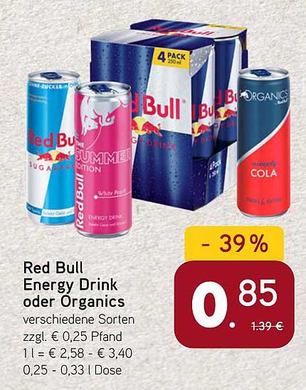 Red Bull Energy Drink oder Organcis – verschiedene Sorten