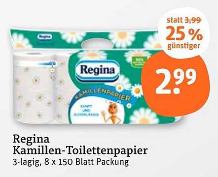 Regina Kamillen-Toilettenpapier 3-lagig, 8 x 150 Blatt Packung