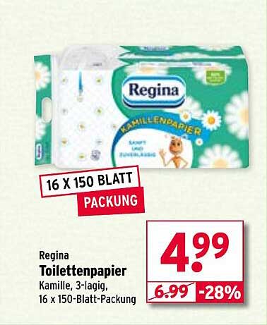 Regina Toilettenpapier Kamille, 3-lagig, 16 x 150 Blatt-Packung