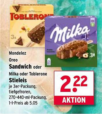 Sandwich oder Milka oder Toblerone Stieleis 3er-Packung, tiefgefroren