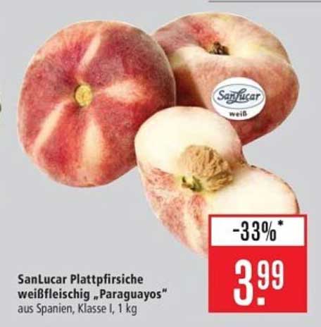 SanLucar Plattpfirsiche weißfleischig „Paraguayos“ aus Spanien, Klasse I, 1 kg
