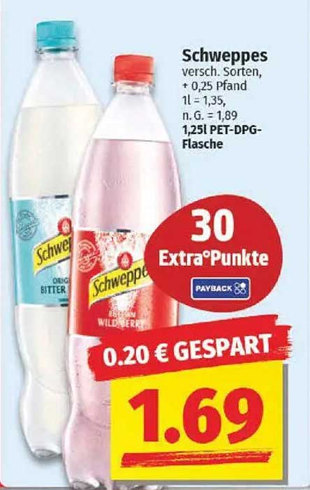 Schweppes verschiedene Sorten, 1,25l PET-DPG-Flasche