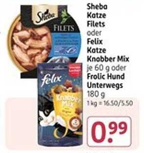 Sheba Katze Filets oder Felix Katze Knabber Mix je 60 g oder Frolic Hund Unterwegs 180 g