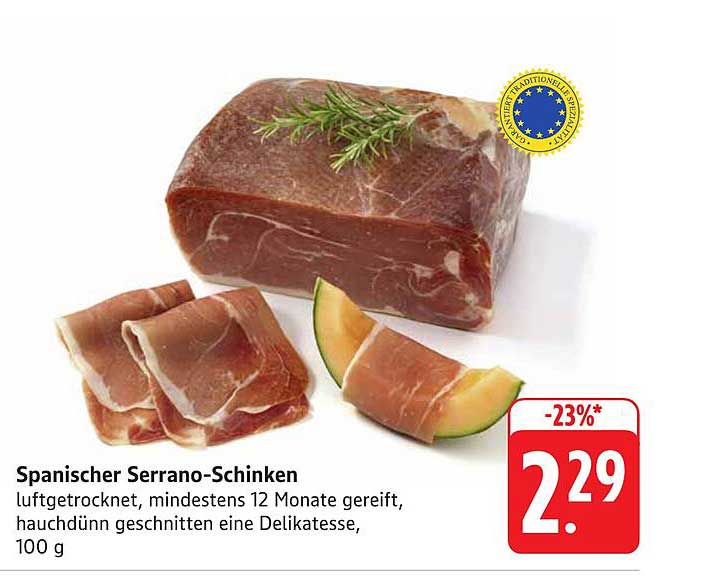Spanischer Serrano-Schinken, luftgetrocknet, mindestens 12 Monate gereift, hauchdünn geschnitten, 100 g
