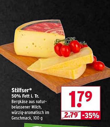 Stilfser* 50% Fett i. Tr. Bergkäse aus naturbelassener Milch, würzig-aromatisch im Geschmack, 100 g