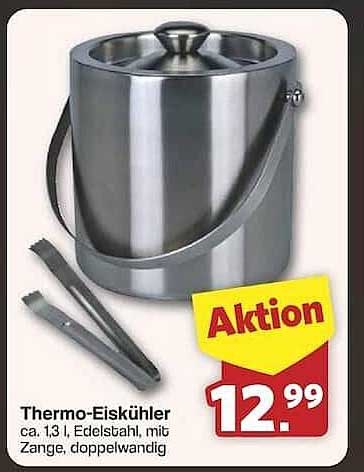Thermo-Eiskühler ca. 1,3 l, Edelstahl, mit Zange, doppelwandig