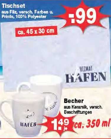 Tischset aus Fließ und Becher aus Keramik