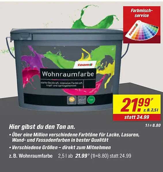 toom Wohnraumfarbe 2,5 l für 21,99 € statt 24,99 €