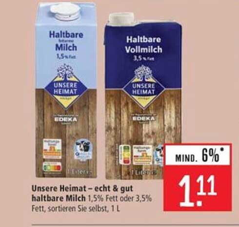 Unsere Heimat – echt & gut haltbare Milch 1,5% Fett oder 3,5% Fett, 1 L