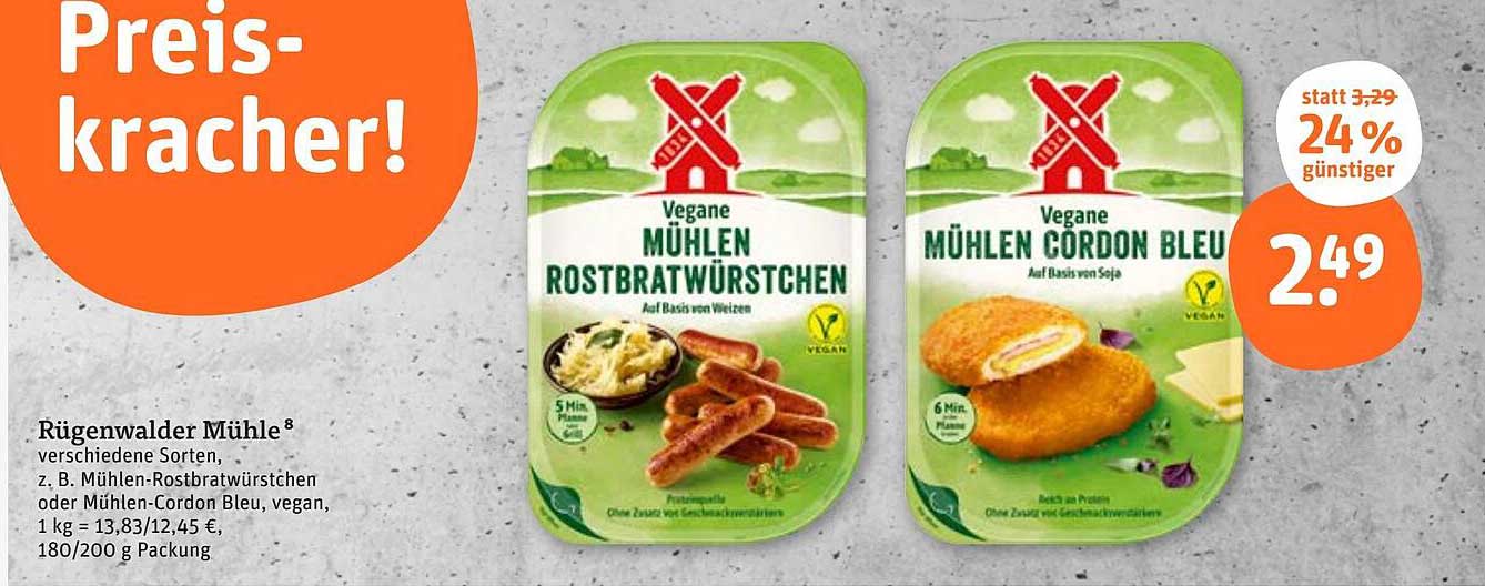 Vegane Mühlen Rostbratwürstchen und Mühlen Cordon Bleu