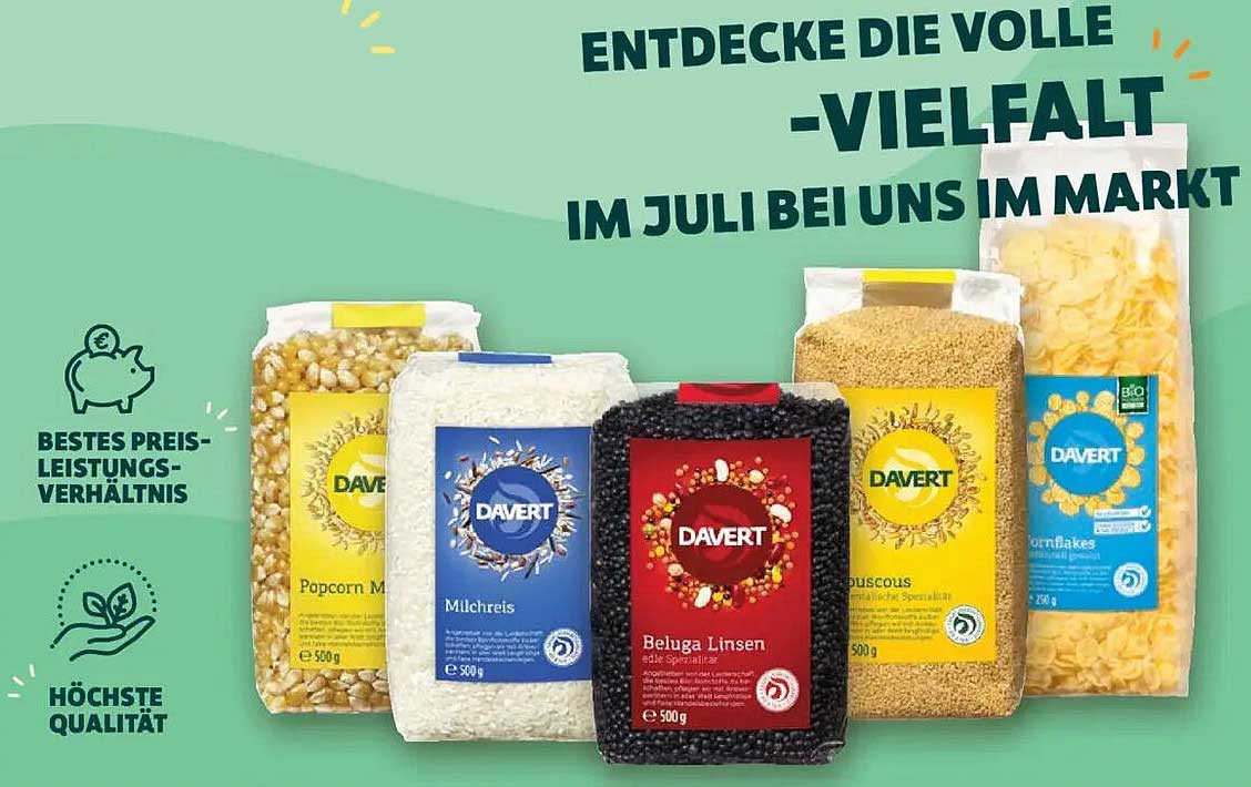 Vielfalt von Davert: Popcorn, Milchreis, Beluga Linsen, Couscous, Cornflakes