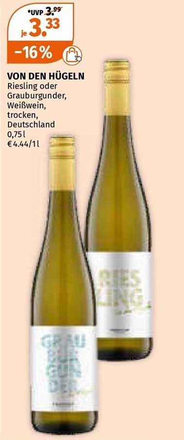 VON DEN HÜGELN Riesling oder Grauburgunder, Weißwein, trocken, 0,75 l