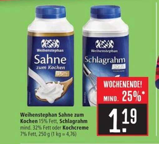 Weihenstephan Sahne zum Kochen 15% Fett, Schlagrahm 32% Fett