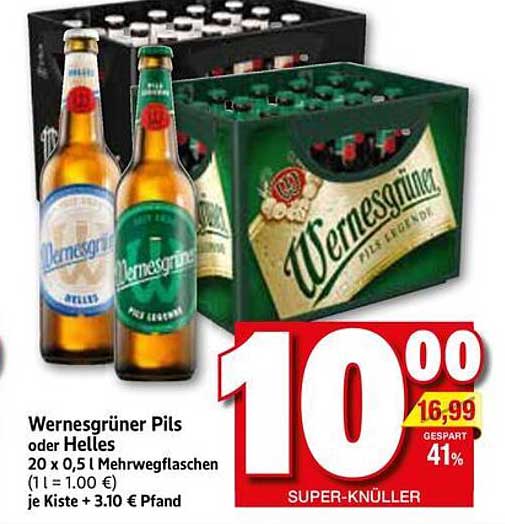 Wernesgrüner Pils oder Helles – 20 x 0,5 l Mehrwegflaschen