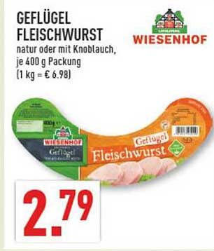 WIESENHOF Geflügel Fleischwurst natur oder mit Knoblauch, 400 g
