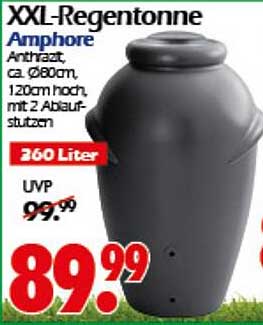 XXL-Regentonne Amphore Anthrazit, ca. Ø80cm, 120cm hoch, mit 2 Ablaufstutzen