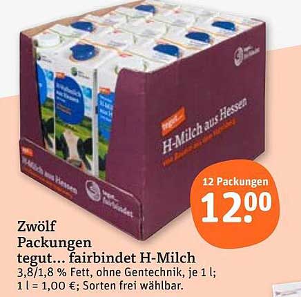 Zwölf Packungen tegut... fairbindet H-Milch 3,8/1,8 % Fett