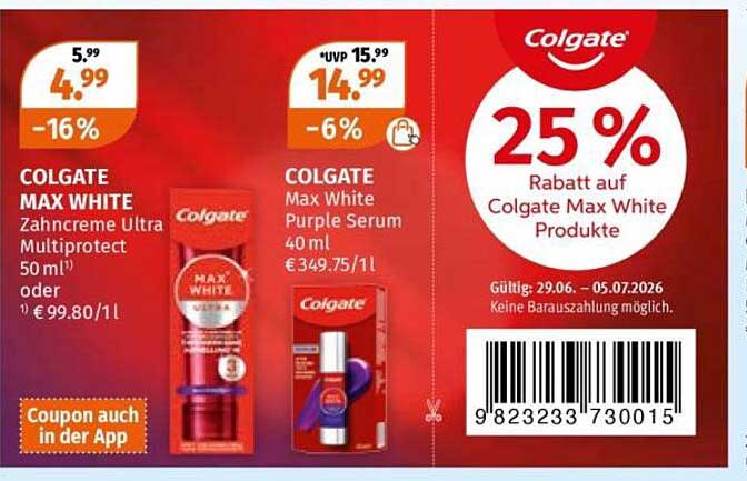 25 % Rabatt auf Colgate Max White Produkte