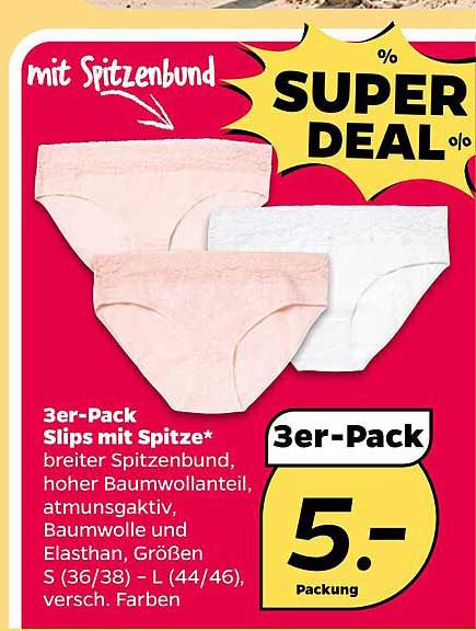 3er-Pack Slips mit Spitze* breiter Spitzenbund, hoher Baumwollanteil, atmungsaktiv, Baumwolle und Elasthan, Größen S (36/38) - L (44/46), versch. Farben