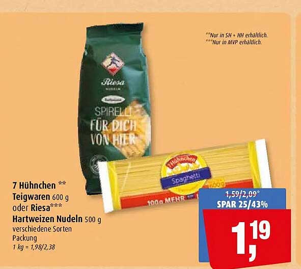 7 Hähnchen Teigwaren 600 g oder Riesa Hartweizen Nudeln 500 g verschiedene Sorten Packung