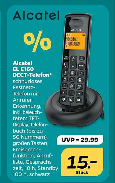 Alcatel EL160 DECT-Telefon* schnurloses Festnetz-Telefon mit Anrufer-Erkennung, inkl. beleuchtetem TFT-Display, Telefonbuch (bis zu 50 Nummern), großen Tasten, Freisprechfunktion, Anrufliste, Gesprächszeit, 10 h, Standby 100 h, schwarz