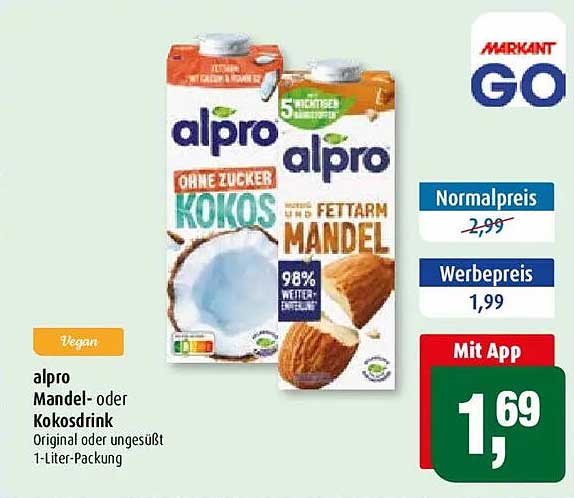 alpro Mandel- oder Kokosdrink Original oder ungesüßt 1-Liter-Packung