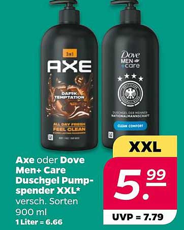 Axe oder Dove Men+ Care Duschgel Pumpspender XXL* versch. Sorten 900 ml 1 Liter = 6.66