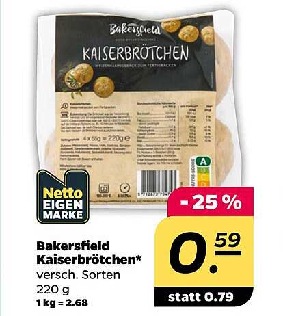 Bakersfield Kaiserbrötchen* versch. Sorten 220 g 1 kg = 2.68