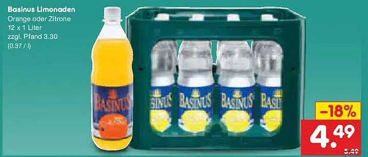 Basinus Limonaden Orange oder Zitrone 12 x 1 Liter zzgl. Pfand 3,30