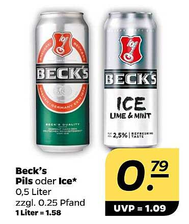 Beck’s Pils oder Ice* 0,5 Liter zzgl. 0,25 Pfand 1 Liter = 1,58