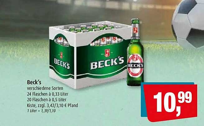Beck's verschiedene Sorten 24 Flaschen à 0,33 Liter 20 Flaschen à 0,5 Liter Kiste, zzgl. 3,42/3,10 € Pfand 1 Liter = 1,39/1,10