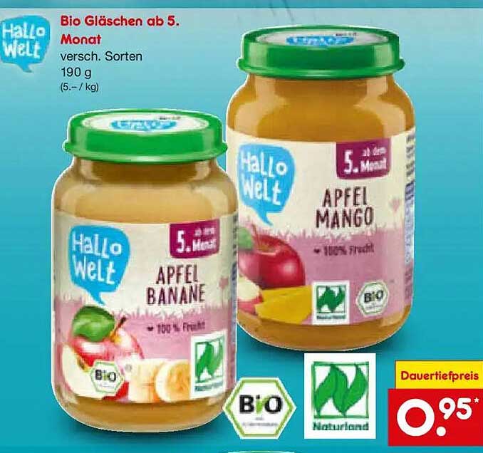 Bio Gläschen ab 5. Monat versch. Sorten 190 g (5.- / kg)