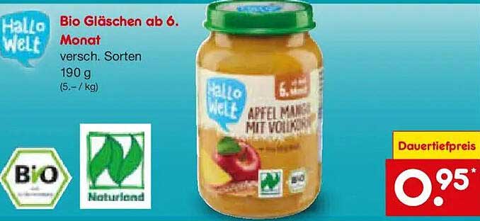 Bio Gläschen ab 6. Monat, versch. Sorten, 190 g (5,- / kg)