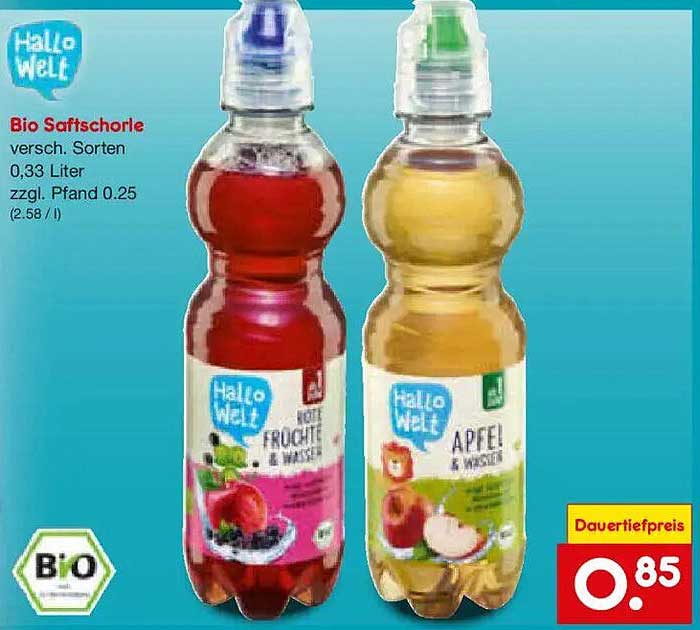 Bio Saftschorle versch. Sorten 0,33 Liter zzgl. Pfand 0.25 (2.58 / l)