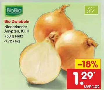 Bio Zwiebeln Niederlande/Ägypten, Kl. II 750 g Netz (1.72 / kg)