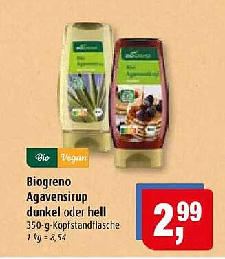 Biogreno Agavensirup dunkel oder hell 350-g-Kopstandflasche 1 kg = 8,54